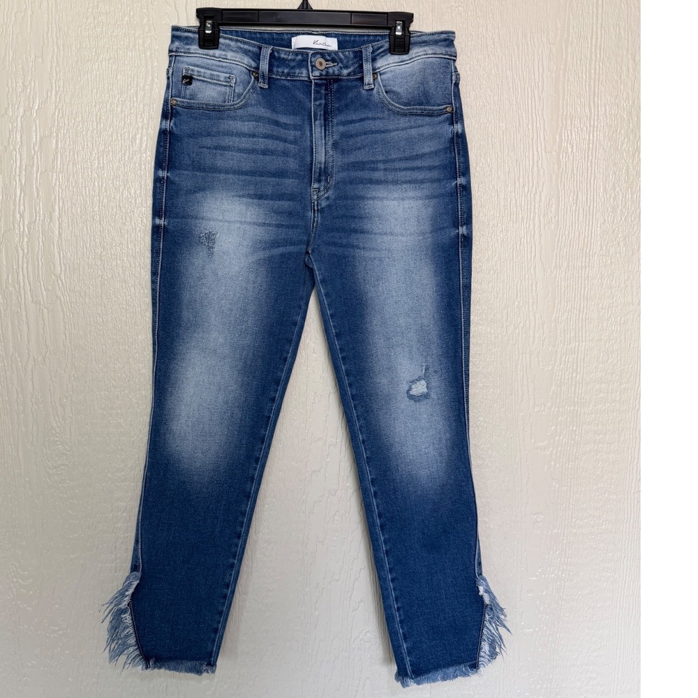 KanCan High Rise Skinny Jeans Medium Wash Frayed Tulip Hem Size 13/30